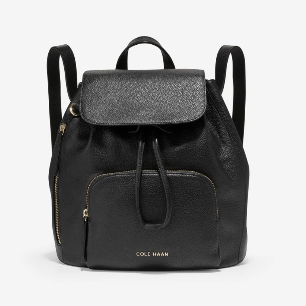 Cole Haan Black Pebbled Leather flap Backpack